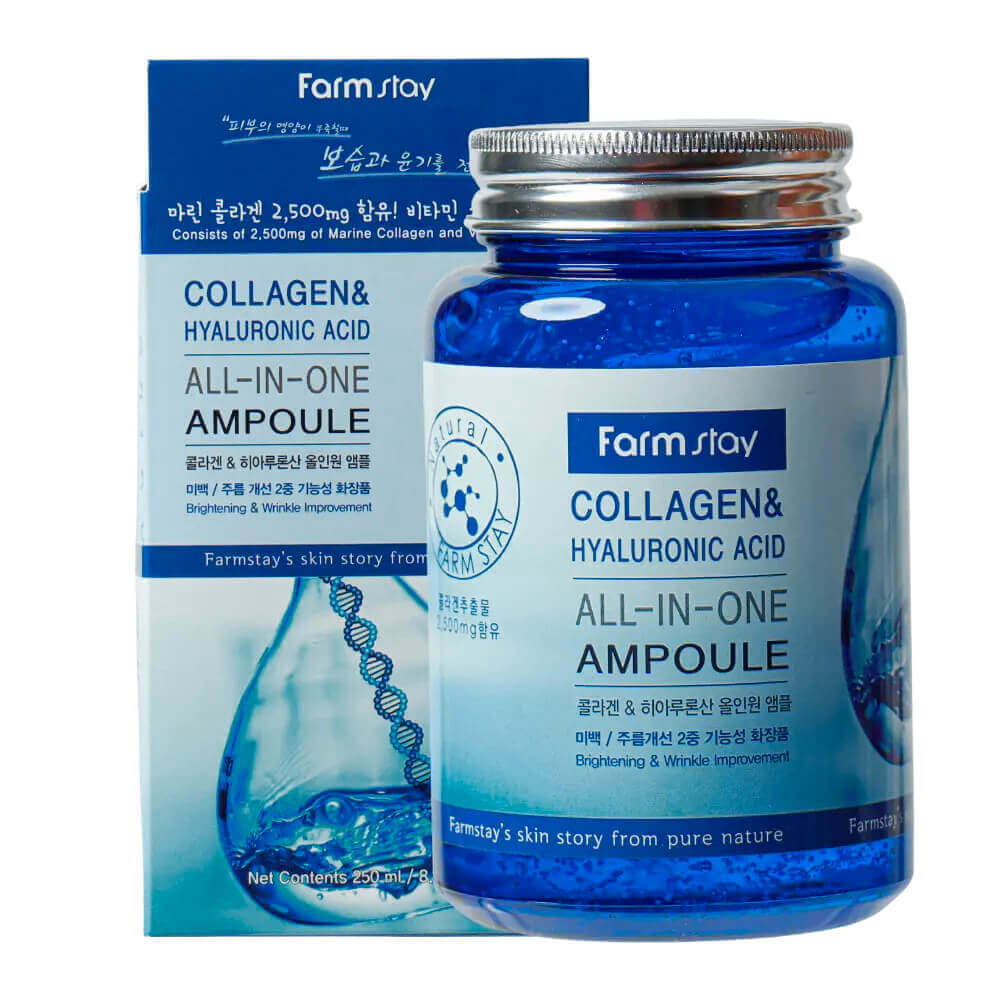 FarmStay Collagen&Hyaluronic Acid All In One Ampoule, 250ml. Многофункциональная ампульная сыворотка