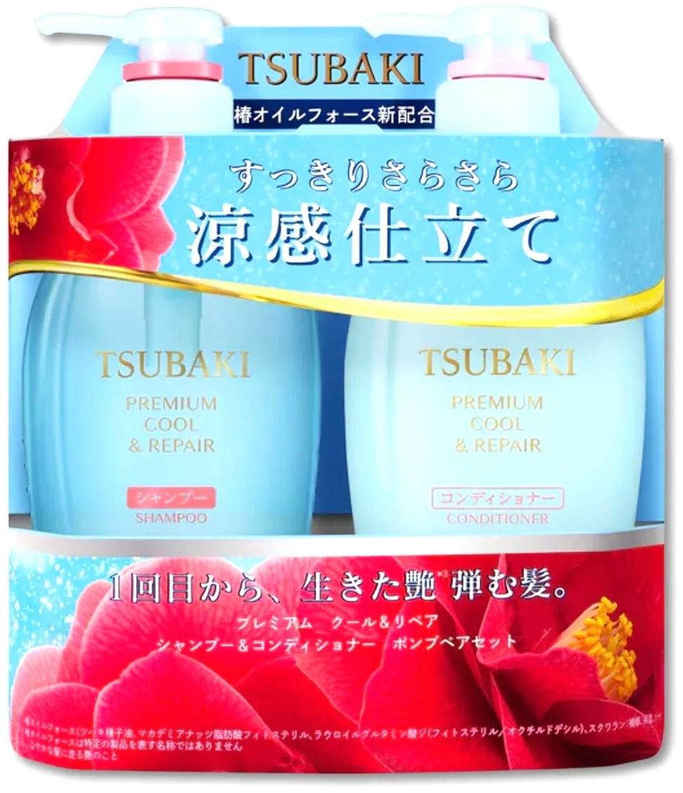 Tsubaki Premium Cool & Repair Set 450ml+450ml. Восстанавливающий Набор по уходу за волосами унисекс  Набор средств для ухода за волосами с освежающим эффектом мяты.