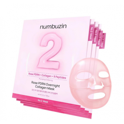 Numbuzin, No.2 Rose PDRN Collagen Plumping Beauty Sheet Mask, 5 Sheets. 33 ml. ночная тканевая маска с коллагеном и розовым PDRN для упругости и наполненности кожи.