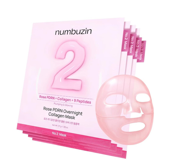 Numbuzin, No.2 Rose PDRN Collagen Plumping Beauty Sheet Mask, 5 Sheets. 33 ml. ночная тканевая маска с коллагеном и розовым PDRN для упругости и наполненности кожи.